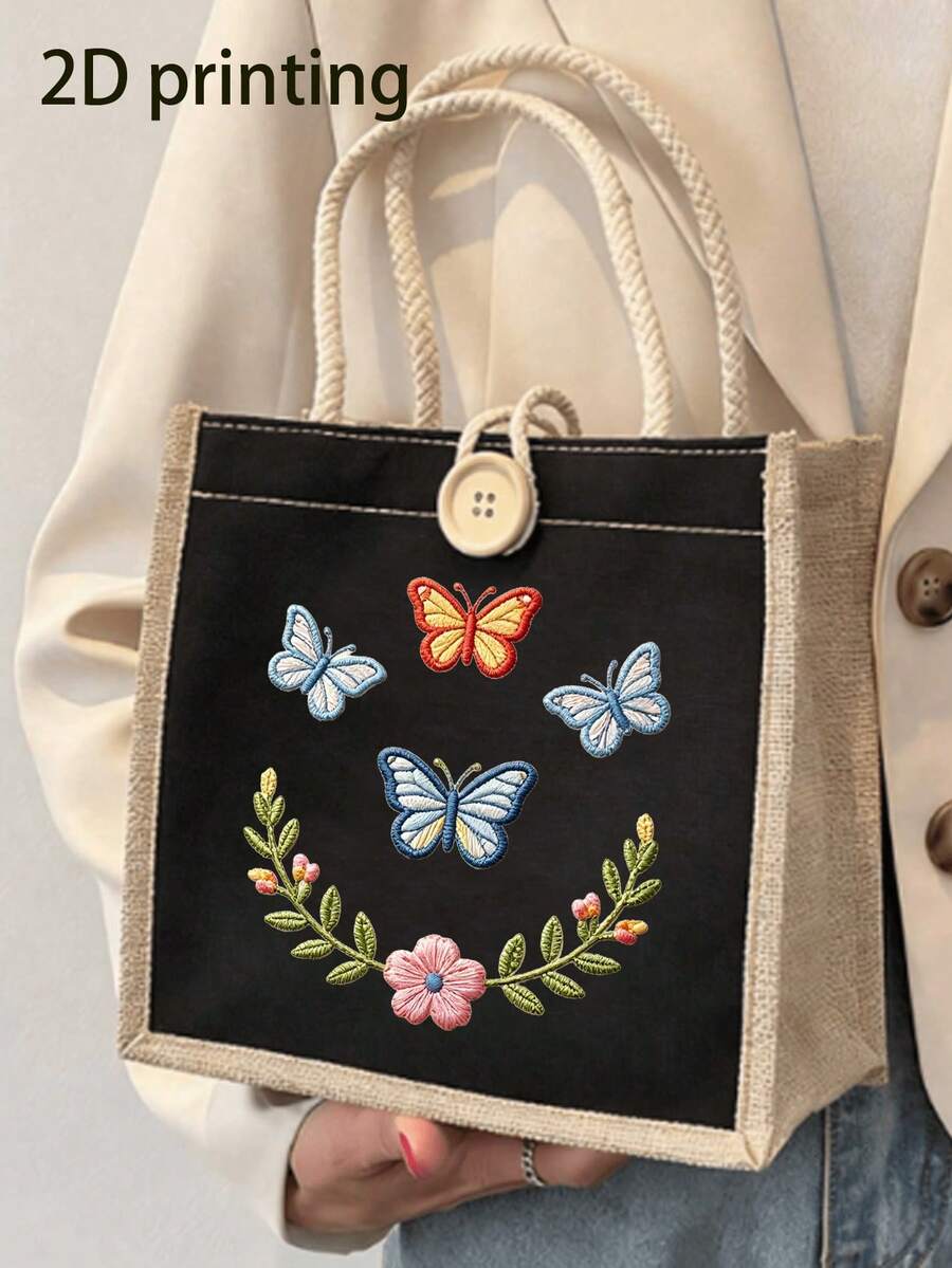 Butterfly Flower (2D Print) Canvas Tote Bag, Women's Cute Shoulder Handbag, Reusable Shopping Bag, Butterfly Flower Pattern Portable Lightweight Work Lunch Tote, Fashion Casual Handbag For Travel, Sch