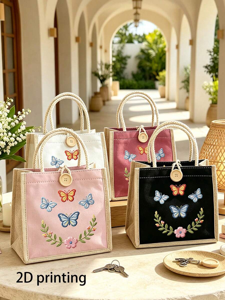 Butterfly Flower (2D Print) Canvas Tote Bag, Women's Cute Shoulder Handbag, Reusable Shopping Bag, Butterfly Flower Pattern Portable Lightweight Work Lunch Tote, Fashion Casual Handbag For Travel, Sch