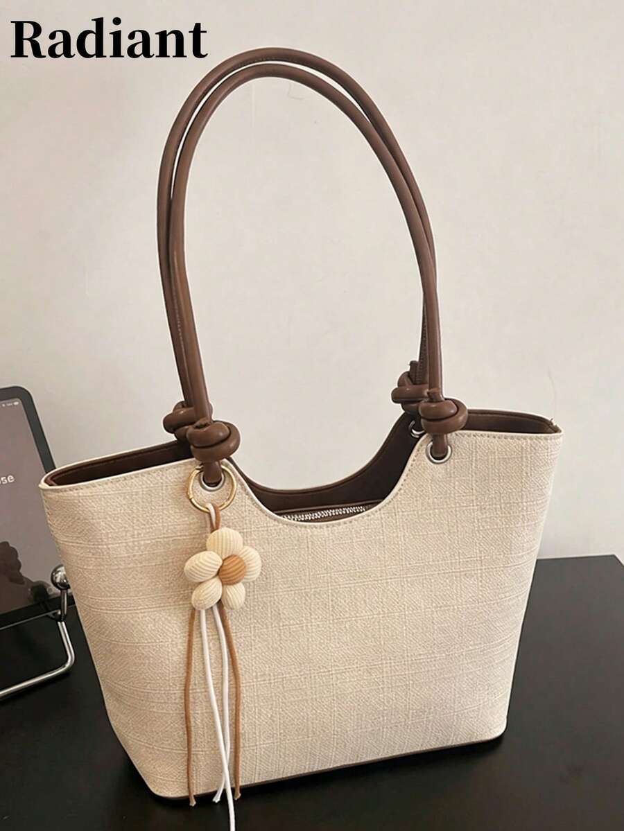 Women's Shoulder Tote Bag, Large Capacity, Minimalist Beige, Cute Gentle Elegant Floral Decor, Suitable For Shopping And Commuting (Pendant Not Included)