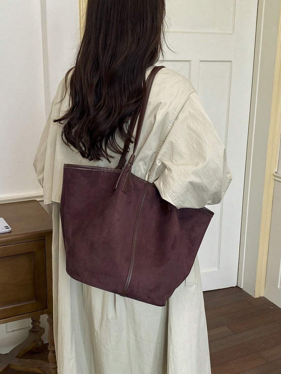 Women's Vintage Suede Tote Bag, Minimalist Large Capacity Shoulder Handbag, Elegant Casual Work Purse For Daily Travel Fashion