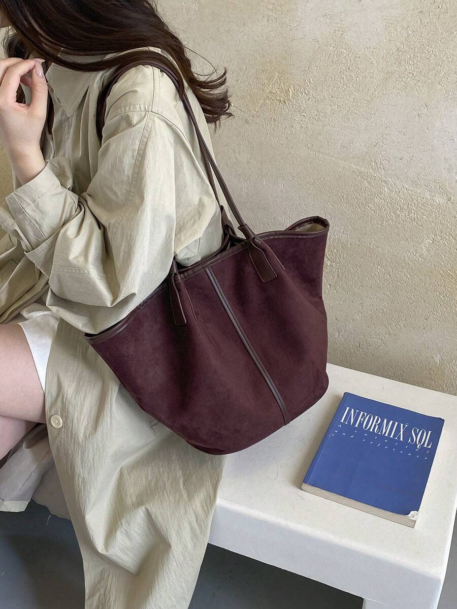 Women's Vintage Suede Tote Bag, Minimalist Large Capacity Shoulder Handbag, Elegant Casual Work Purse For Daily Travel Fashion