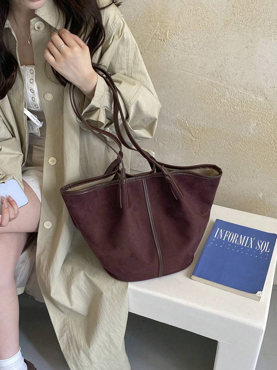 Women's Vintage Suede Tote Bag, Minimalist Large Capacity Shoulder Handbag, Elegant Casual Work Purse For Daily Travel Fashion