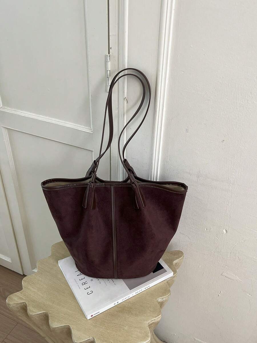 Women's Vintage Suede Tote Bag, Minimalist Large Capacity Shoulder Handbag, Elegant Casual Work Purse For Daily Travel Fashion