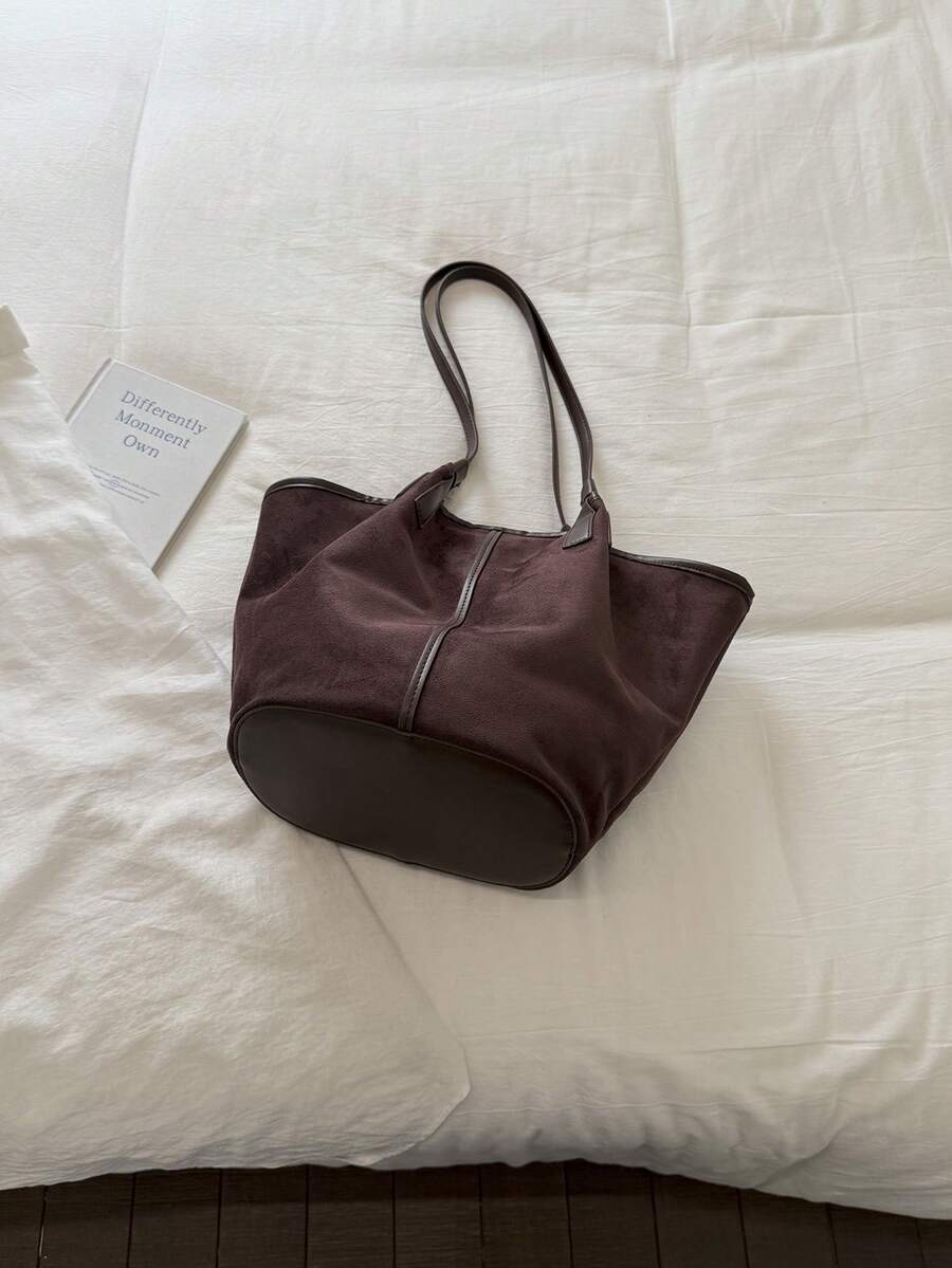 Women's Vintage Suede Tote Bag, Minimalist Large Capacity Shoulder Handbag, Elegant Casual Work Purse For Daily Travel Fashion