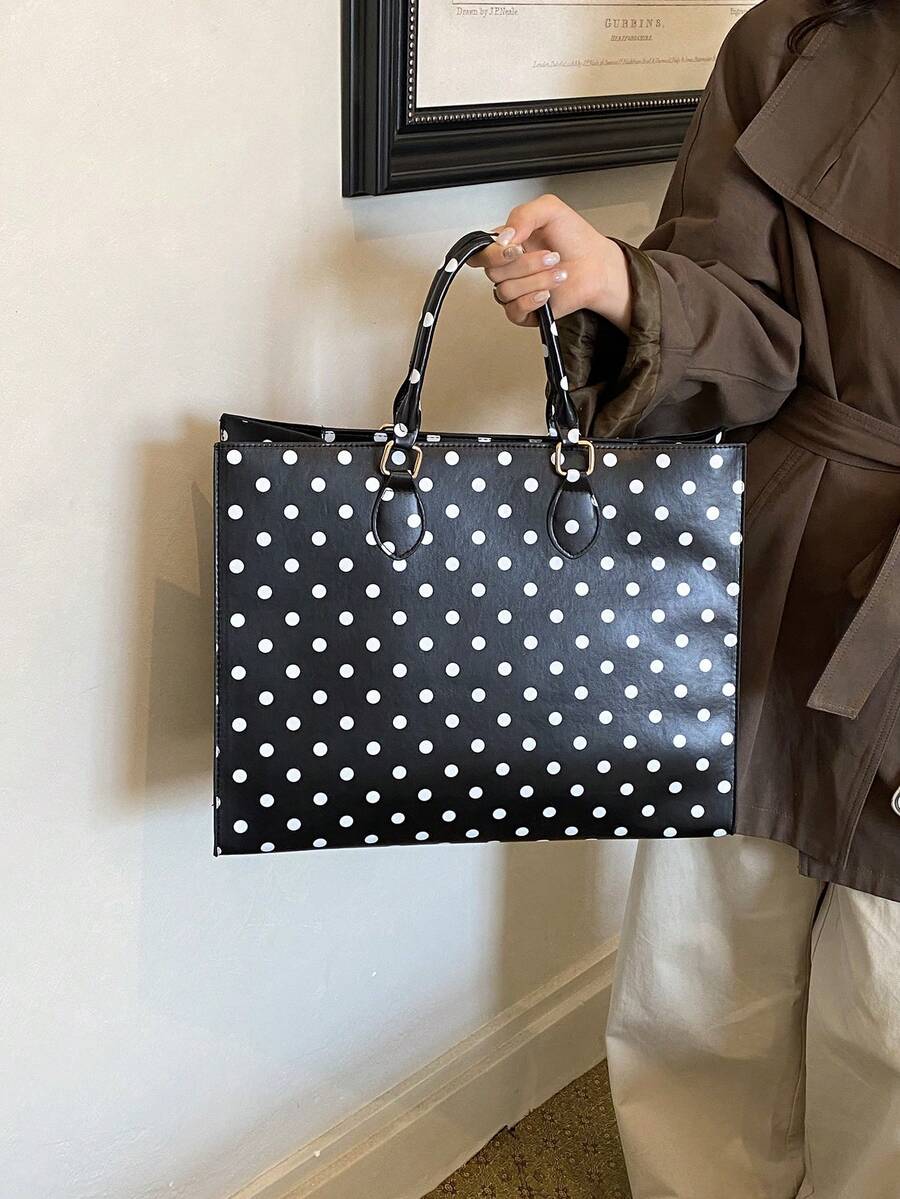 Women's Tote Handbag, Square Tote Bag, Polka Dot Print, Smooth Faux Leather, Metal Buckle Top Handle, Large Capacity, School Bag, College Campus