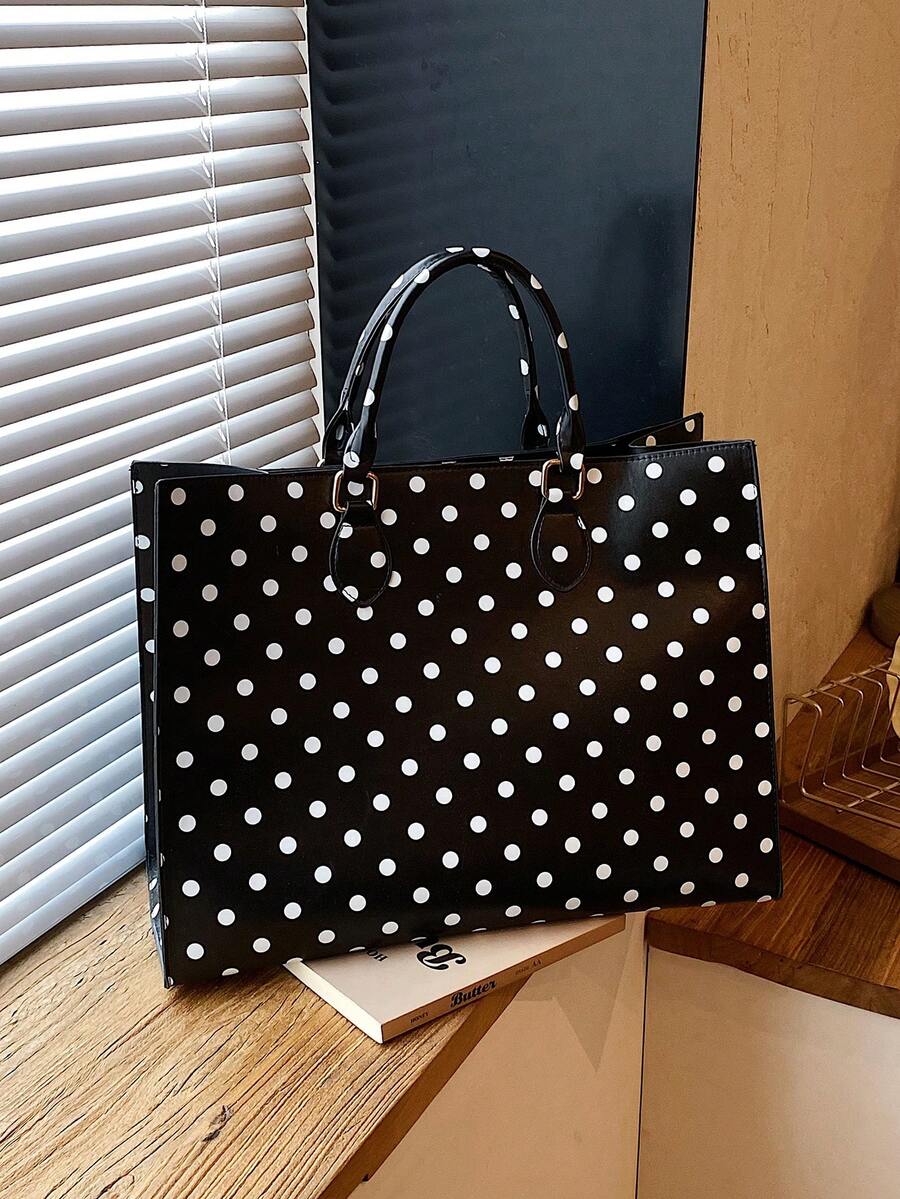 Women's Tote Handbag, Square Tote Bag, Polka Dot Print, Smooth Faux Leather, Metal Buckle Top Handle, Large Capacity, School Bag, College Campus