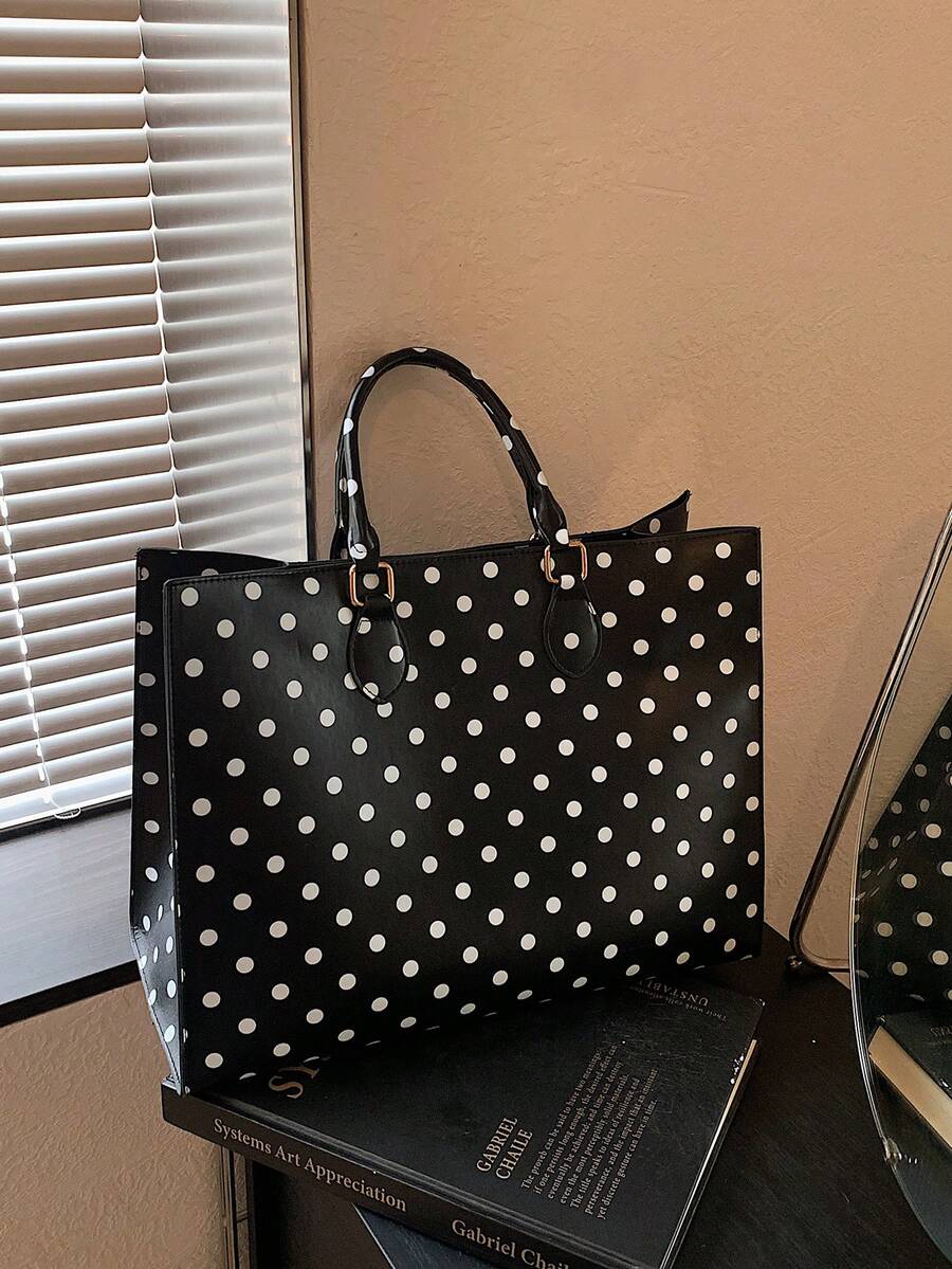 Women's Tote Handbag, Square Tote Bag, Polka Dot Print, Smooth Faux Leather, Metal Buckle Top Handle, Large Capacity, School Bag, College Campus