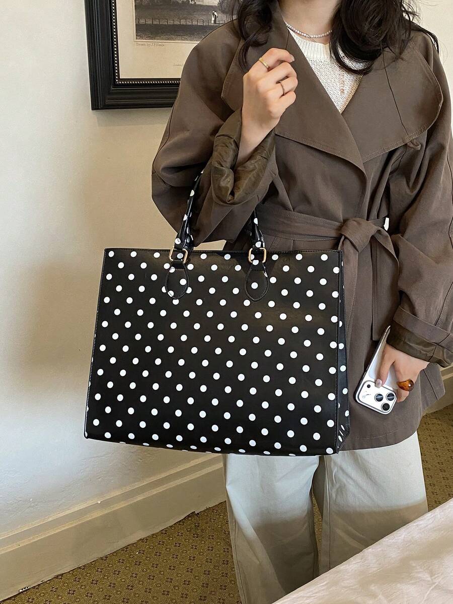 Women's Tote Handbag, Square Tote Bag, Polka Dot Print, Smooth Faux Leather, Metal Buckle Top Handle, Large Capacity, School Bag, College Campus
