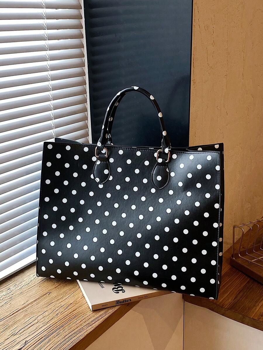 Women's Tote Handbag, Square Tote Bag, Polka Dot Print, Smooth Faux Leather, Metal Buckle Top Handle, Large Capacity, School Bag, College Campus