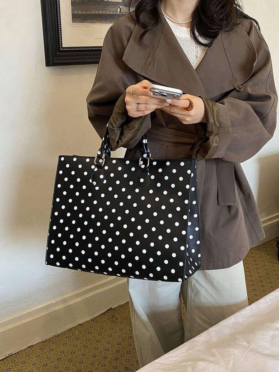 Women's Tote Handbag, Square Tote Bag, Polka Dot Print, Smooth Faux Leather, Metal Buckle Top Handle, Large Capacity, School Bag, College Campus