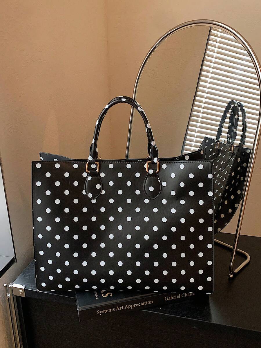 Women's Tote Handbag, Square Tote Bag, Polka Dot Print, Smooth Faux Leather, Metal Buckle Top Handle, Large Capacity, School Bag, College Campus