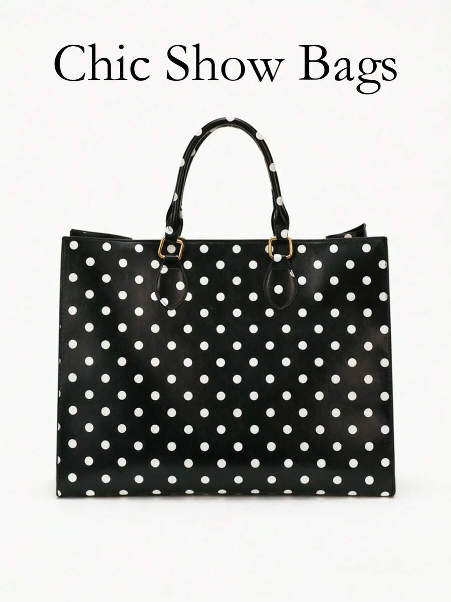 Women's Tote Handbag, Square Tote Bag, Polka Dot Print, Smooth Faux Leather, Metal Buckle Top Handle, Large Capacity, School Bag, College Campus