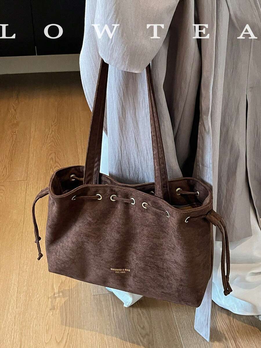 low tea 1pc Minimalist Fashion Suede Fabric Shoulder Small Tote Bag, Suitable For Commuting, Shopping, Etc.
