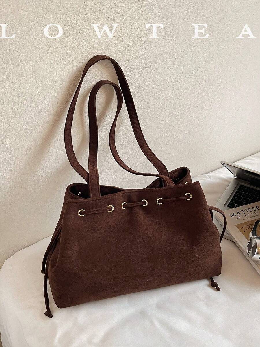 low tea 1pc Minimalist Fashion Suede Fabric Shoulder Small Tote Bag, Suitable For Commuting, Shopping, Etc.