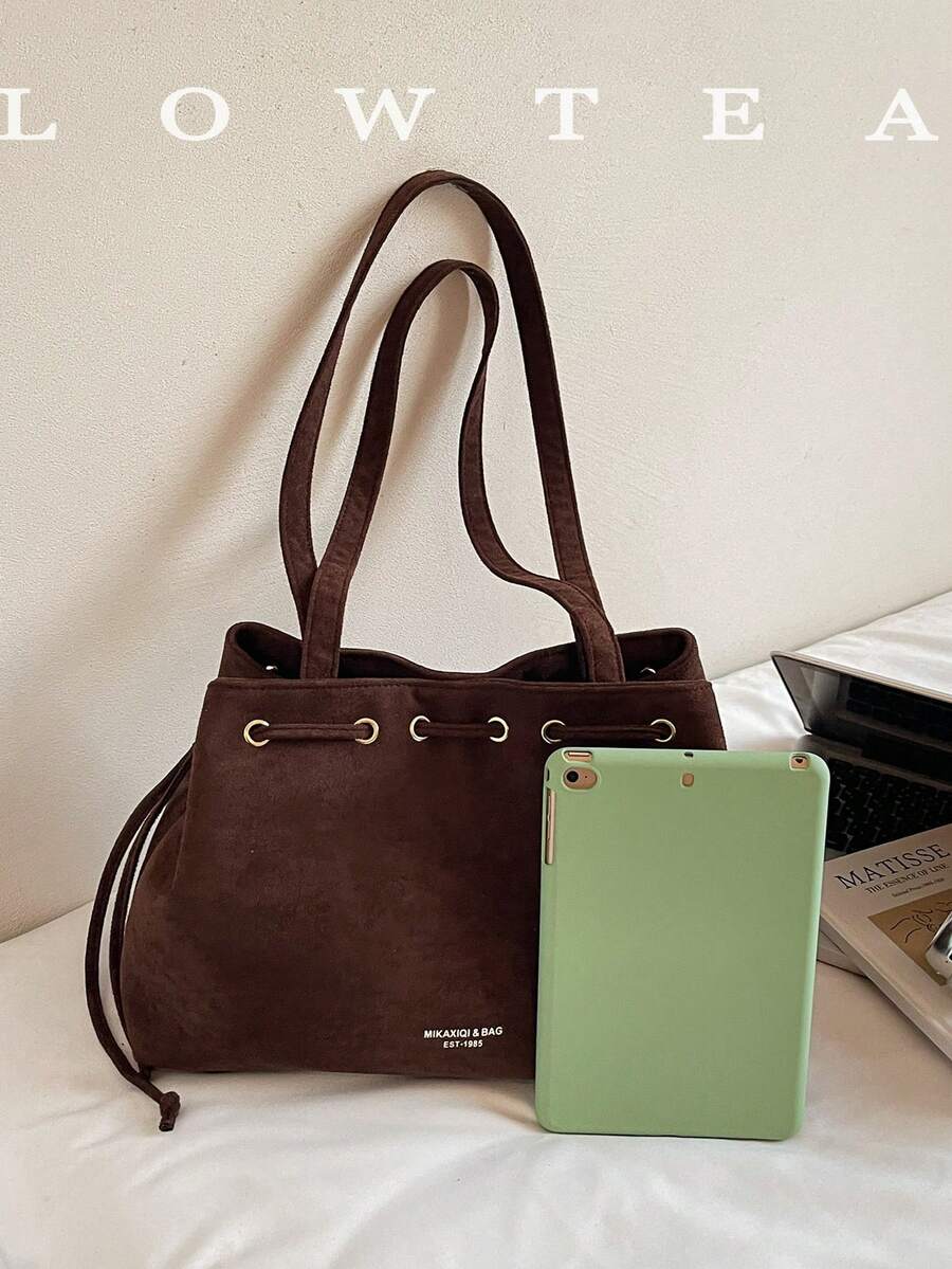 low tea 1pc Minimalist Fashion Suede Fabric Shoulder Small Tote Bag, Suitable For Commuting, Shopping, Etc.
