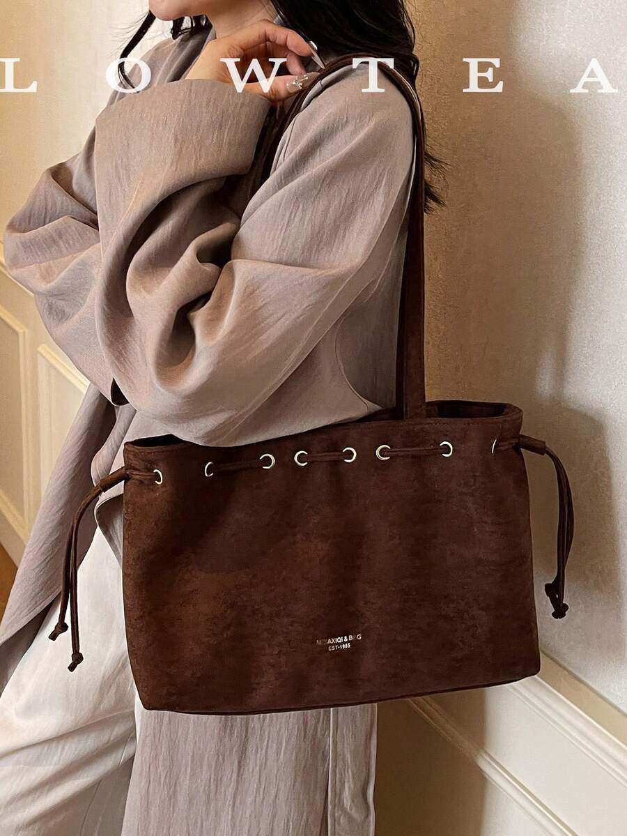 low tea 1pc Minimalist Fashion Suede Fabric Shoulder Small Tote Bag, Suitable For Commuting, Shopping, Etc.