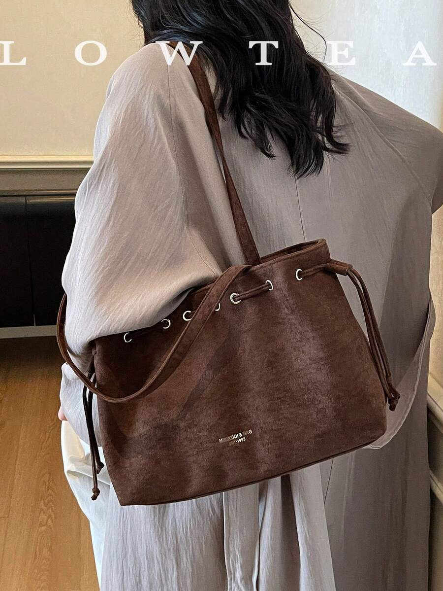 low tea 1pc Minimalist Fashion Suede Fabric Shoulder Small Tote Bag, Suitable For Commuting, Shopping, Etc.