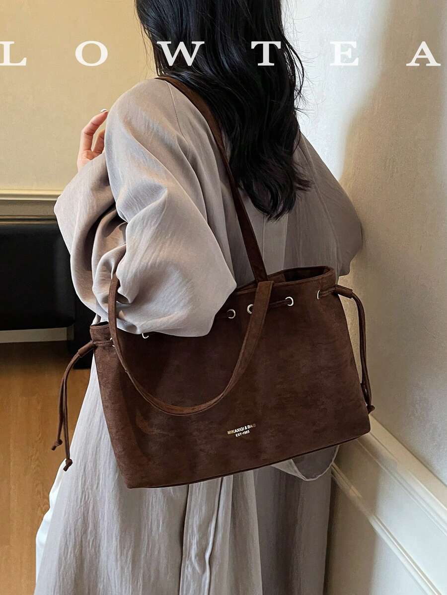 low tea 1pc Minimalist Fashion Suede Fabric Shoulder Small Tote Bag, Suitable For Commuting, Shopping, Etc.