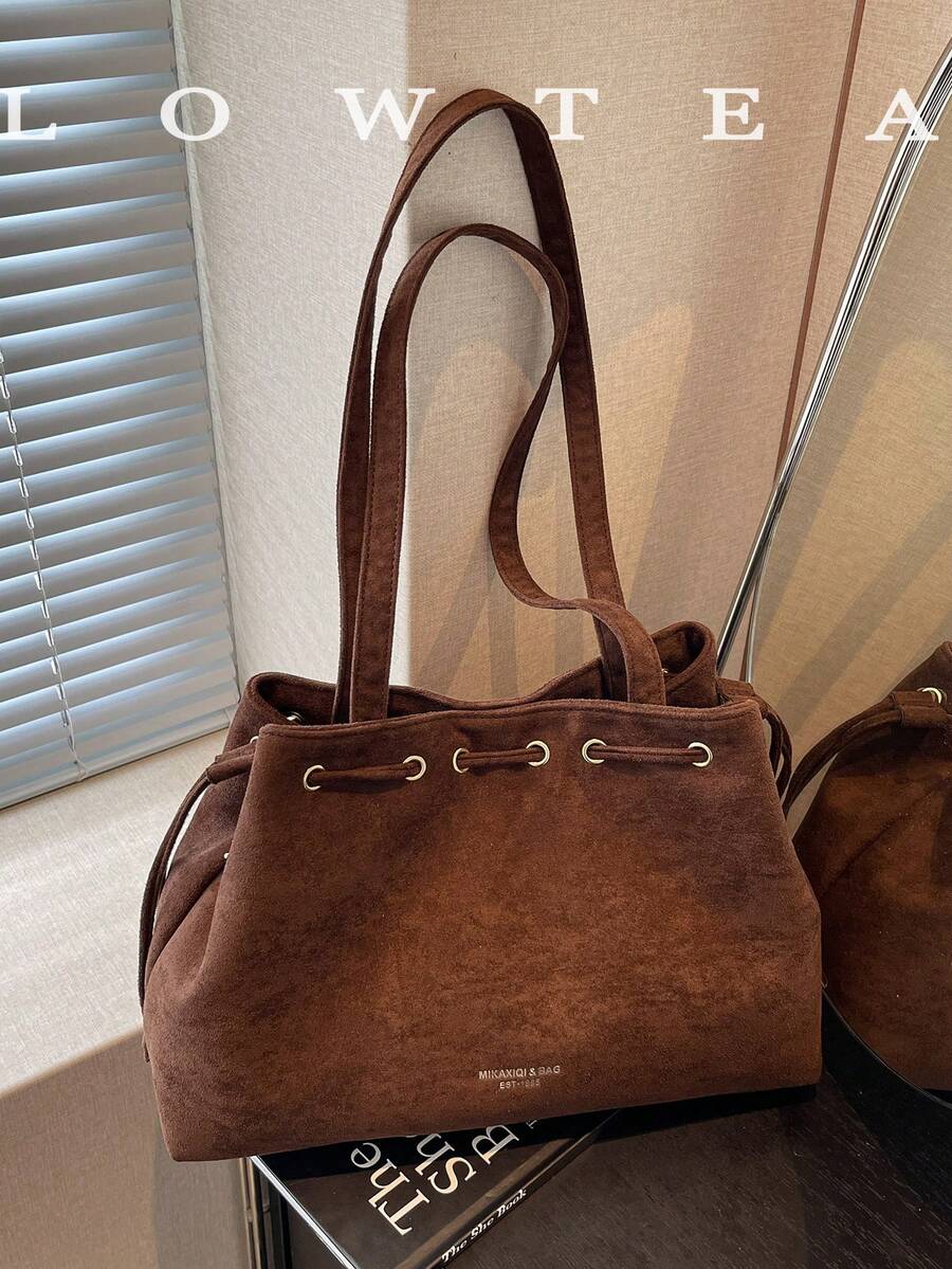 low tea 1pc Minimalist Fashion Suede Fabric Shoulder Small Tote Bag, Suitable For Commuting, Shopping, Etc.