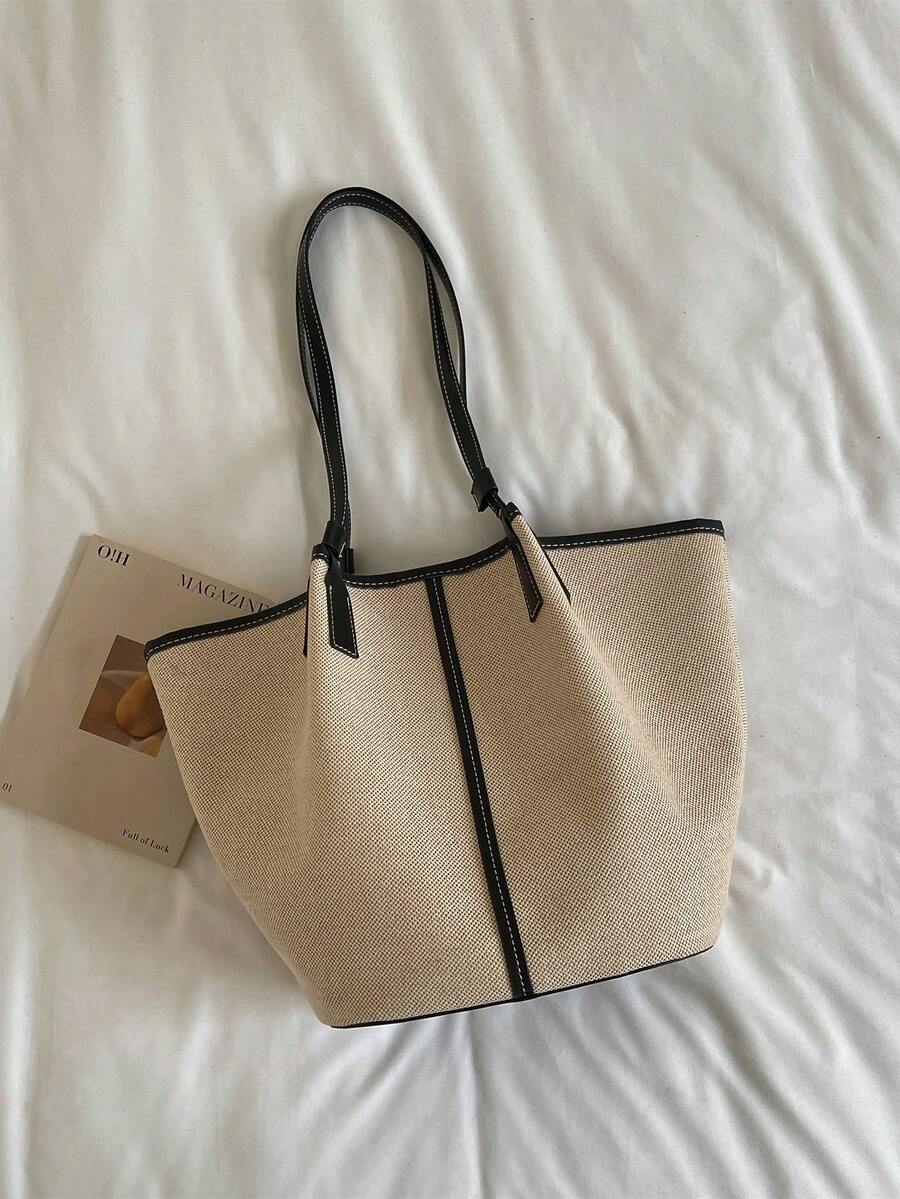 Women's Shoulder Tote Bag, Solid Color Canvas With Faux Leather Trim, Stitching Details, Large Capacity, Minimalist Casual Style, Suitable For Daily Commute And Travel, All Season