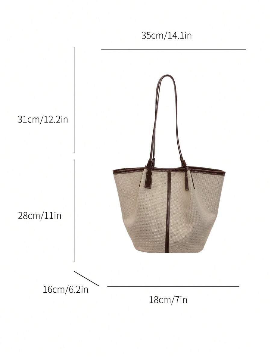 Women's Shoulder Tote Bag, Solid Color Canvas With Faux Leather Trim, Stitching Detail, Large Capacity, Minimalist Casual Style, Suitable For Daily Commute And Travel, All Season