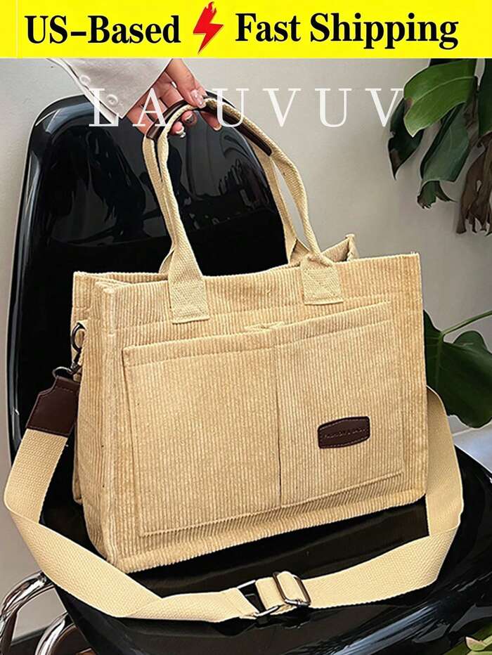 Beige Corduroy Tote Bag, Casual Shoulder Purses Bags, Detachable‑Strap Bags