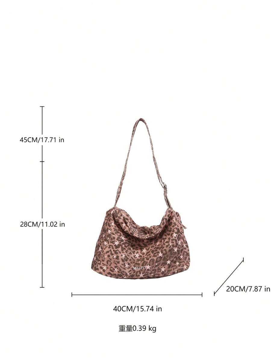 Vintage Washed Leopard Print & Star All-Over Pattern Tote Bag With Adjustable Wide Webbing Shoulder Strap, Zipper Closure Anti-Theft Anti-Drop, Extra Large Opening With Multi-Compartment Interior For