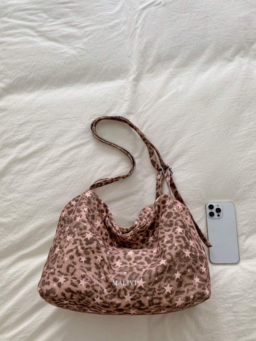 Vintage Washed Leopard Print & Star All-Over Pattern Tote Bag With Adjustable Wide Webbing Shoulder Strap, Zipper Closure Anti-Theft Anti-Drop, Extra Large Opening With Multi-Compartment Interior For