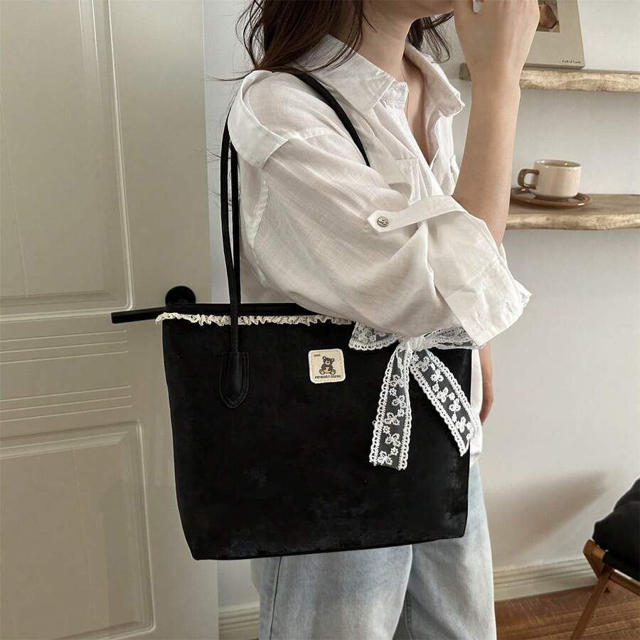 1pc Black & Gold Metal Buckle Scarf Tote Bag, Luxury High-End, Ins Viral, Commuter Style, Niche Design, Versatile & Chic, Exquisite Detail, Suitable For Office Commute, Business Meeting, Shopping, Aft