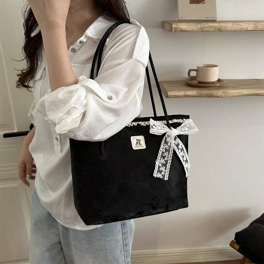 1pc Black & Gold Metal Buckle Scarf Tote Bag, Luxury High-End, Ins Viral, Commuter Style, Niche Design, Versatile & Chic, Exquisite Detail, Suitable For Office Commute, Business Meeting, Shopping, Aft