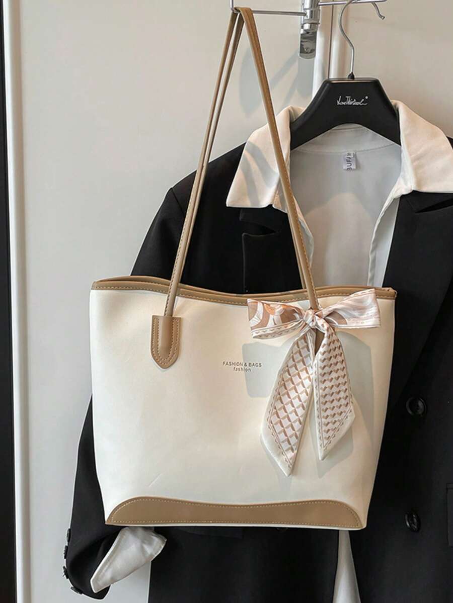 1pc Black & Gold Metal Buckle Scarf Tote Bag, Luxury High-End, Ins Hot Style, Commuter Chic, Niche Design, Versatile & Elegant, Exquisite Detail, Suitable For Office Commute, Business Meeting, Shoppin