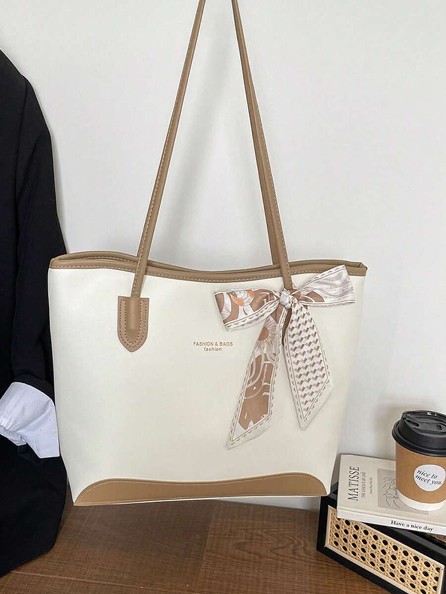 1pc Black & Gold Metal Buckle Scarf Tote Bag, Luxury High-End, Ins Hot Style, Commuter Chic, Niche Design, Versatile & Elegant, Exquisite Detail, Suitable For Office Commute, Business Meeting, Shoppin