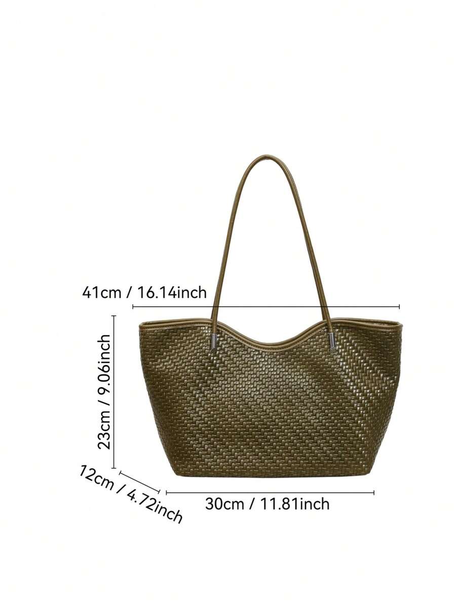 Vintage Green Woven Texture Tote Bag, Minimalist Spaghetti Strap Versatile Large Capacity Women's Shoulder Bag, Suitable For University, Commute, Shopping, Street Wear, Daily Use.