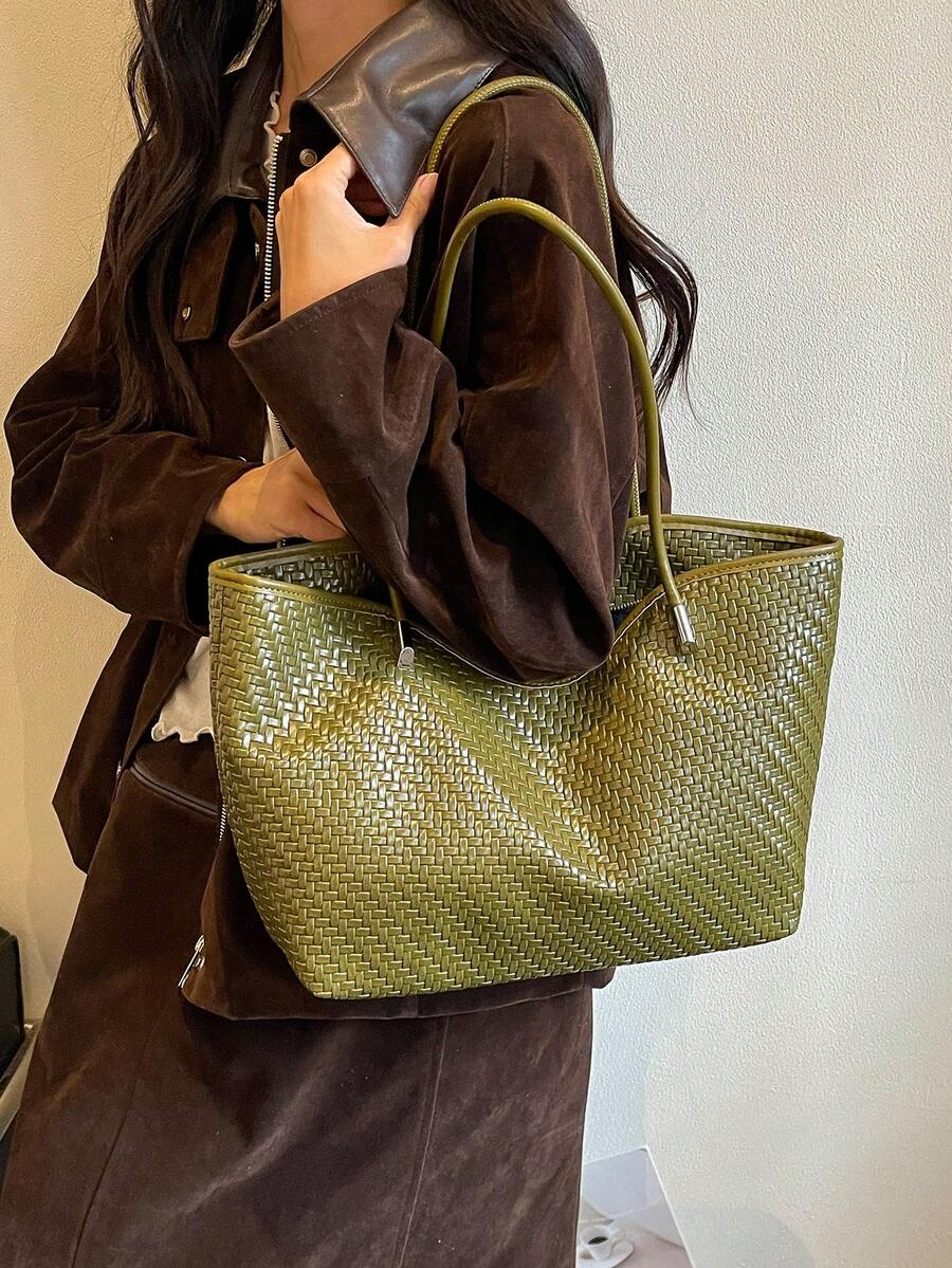 Vintage Green Woven Texture Tote Bag, Minimalist Spaghetti Strap Versatile Large Capacity Women's Shoulder Bag, Suitable For University, Commute, Shopping, Street Wear, Daily Use.