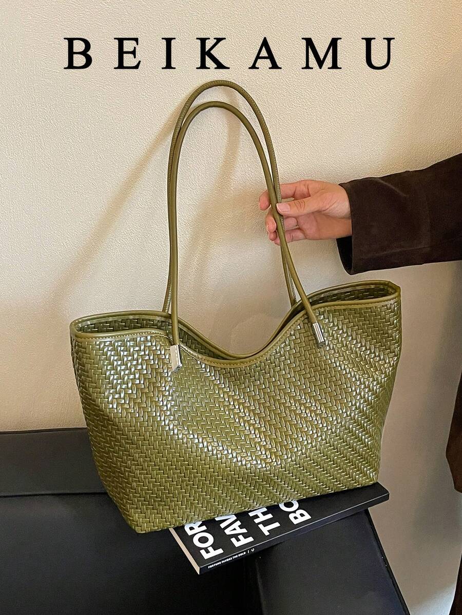 Vintage Green Woven Texture Tote Bag, Minimalist Spaghetti Strap Versatile Large Capacity Women's Shoulder Bag, Suitable For University, Commute, Shopping, Street Wear, Daily Use.