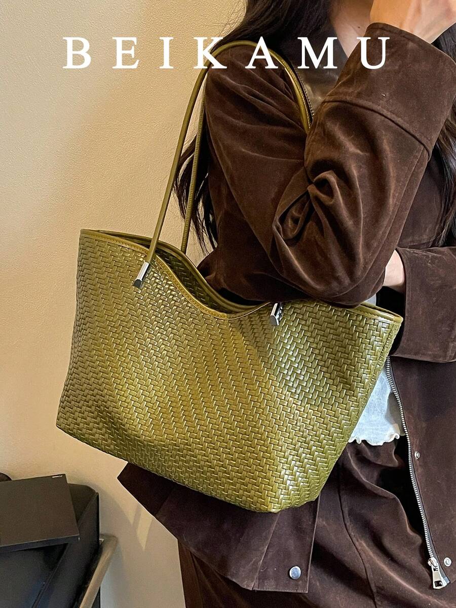 Vintage Green Woven Texture Tote Bag, Minimalist Spaghetti Strap Versatile Large Capacity Women's Shoulder Bag, Suitable For University, Commute, Shopping, Street Wear, Daily Use.