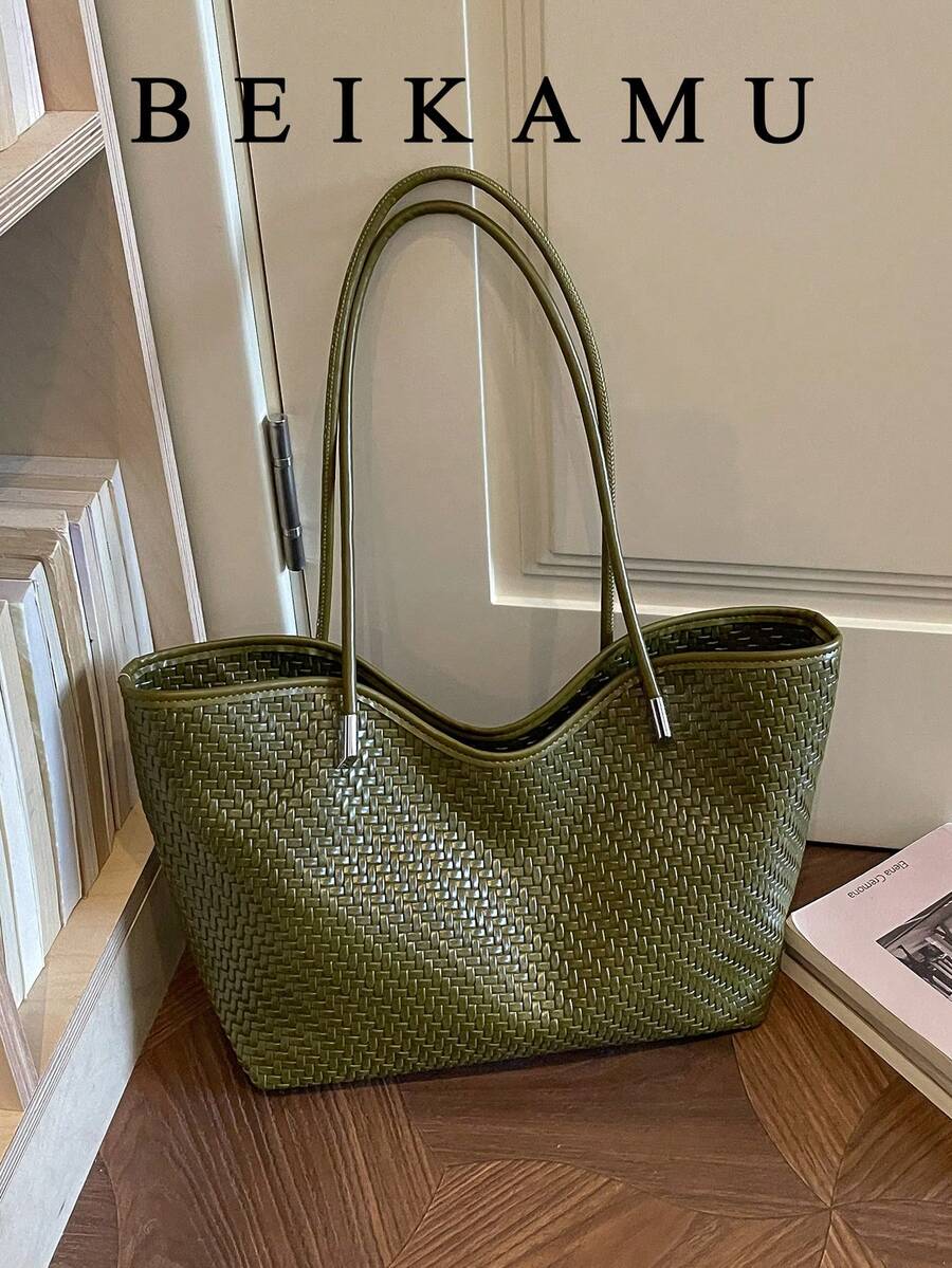 Vintage Green Woven Texture Tote Bag, Minimalist Spaghetti Strap Versatile Large Capacity Women's Shoulder Bag, Suitable For University, Commute, Shopping, Street Wear, Daily Use.
