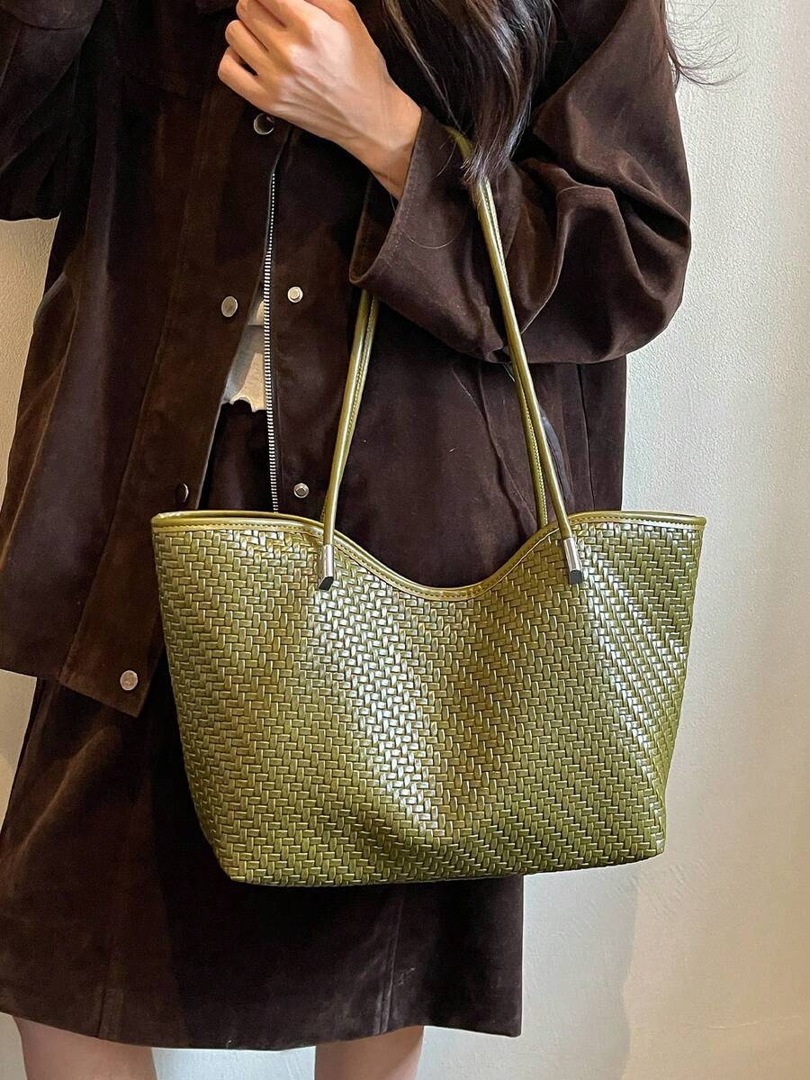 Vintage Green Woven Texture Tote Bag, Minimalist Spaghetti Strap Versatile Large Capacity Women's Shoulder Bag, Suitable For University, Commute, Shopping, Street Wear, Daily Use.