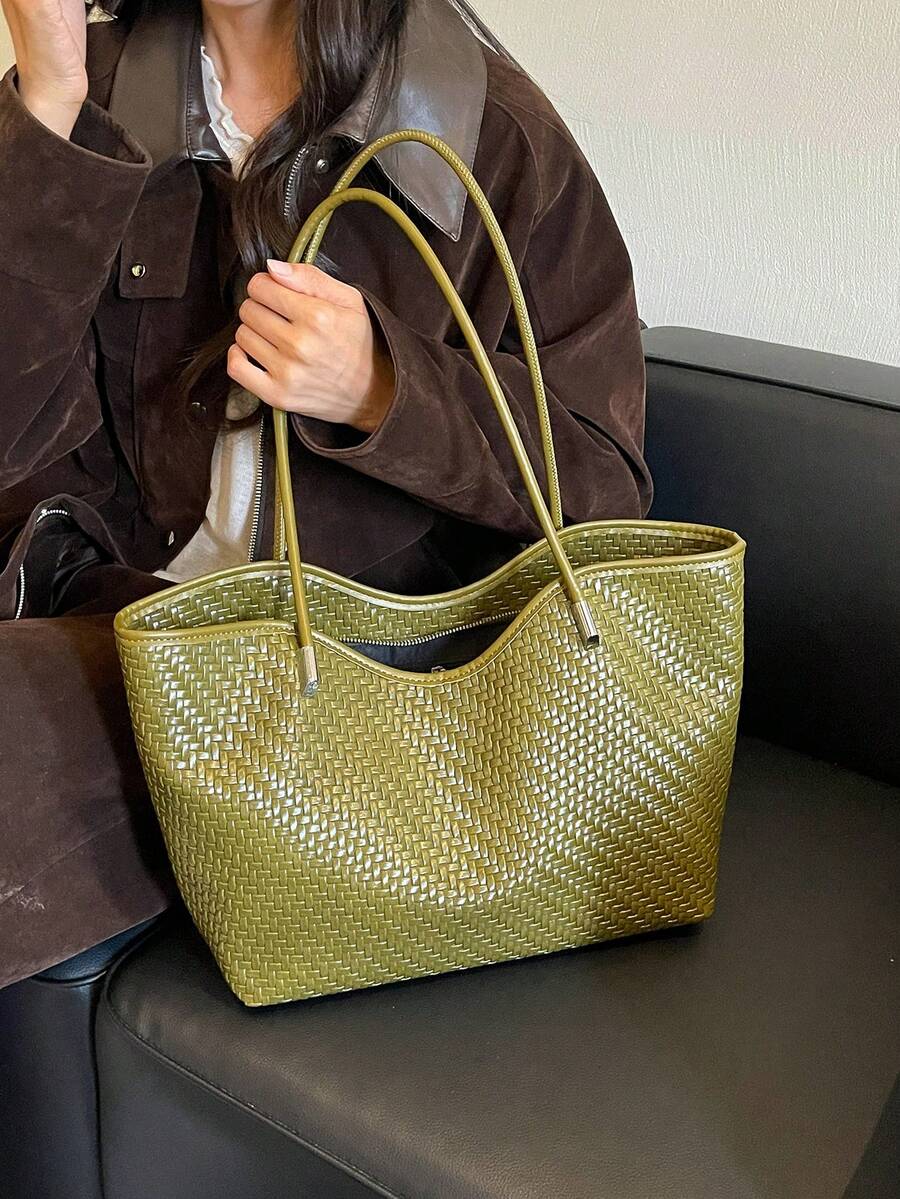 Vintage Green Woven Texture Tote Bag, Minimalist Spaghetti Strap Versatile Large Capacity Women's Shoulder Bag, Suitable For University, Commute, Shopping, Street Wear, Daily Use.