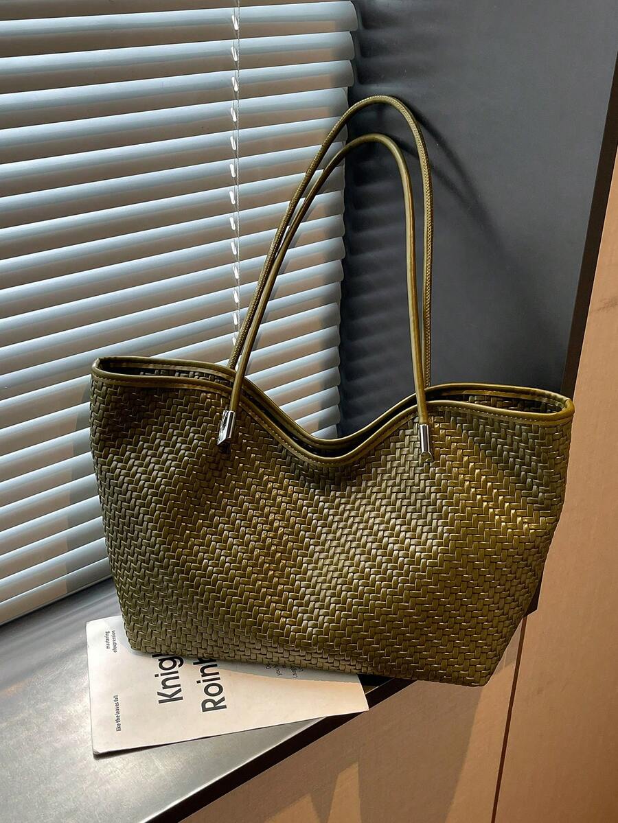 Vintage Green Woven Texture Tote Bag, Minimalist Spaghetti Strap Versatile Large Capacity Women's Shoulder Bag, Suitable For University, Commute, Shopping, Street Wear, Daily Use.