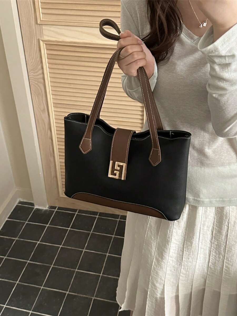 Fashionable Colorblock PU Fabric Minimalist Versatile Women's Tote Bag Large Capacity Exquisite Hardware Accessories For Party, Banquet And Commute