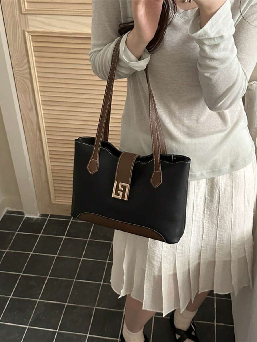 Fashionable Colorblock PU Fabric Minimalist Versatile Women's Tote Bag Large Capacity Exquisite Hardware Accessories For Party, Banquet And Commute