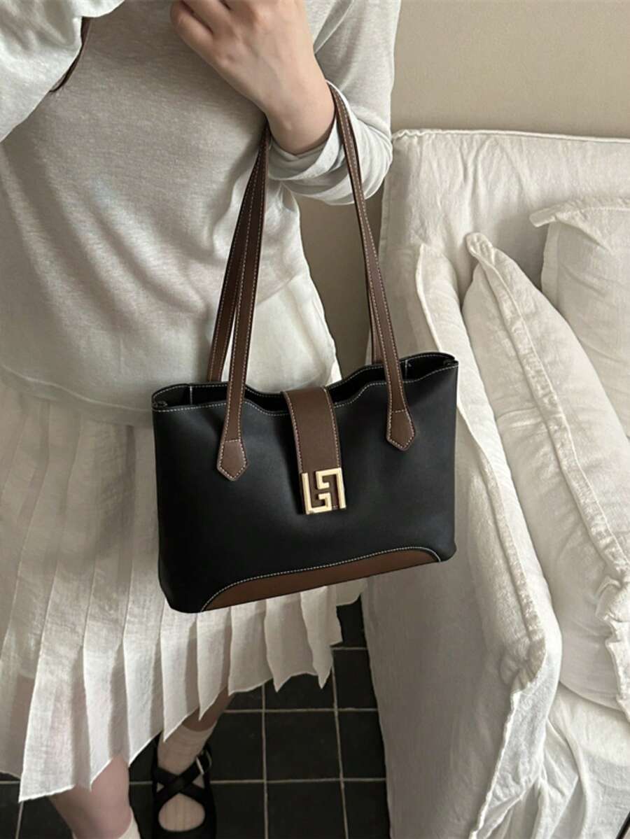 Fashionable Colorblock PU Fabric Minimalist Versatile Women's Tote Bag Large Capacity Exquisite Hardware Accessories For Party, Banquet And Commute