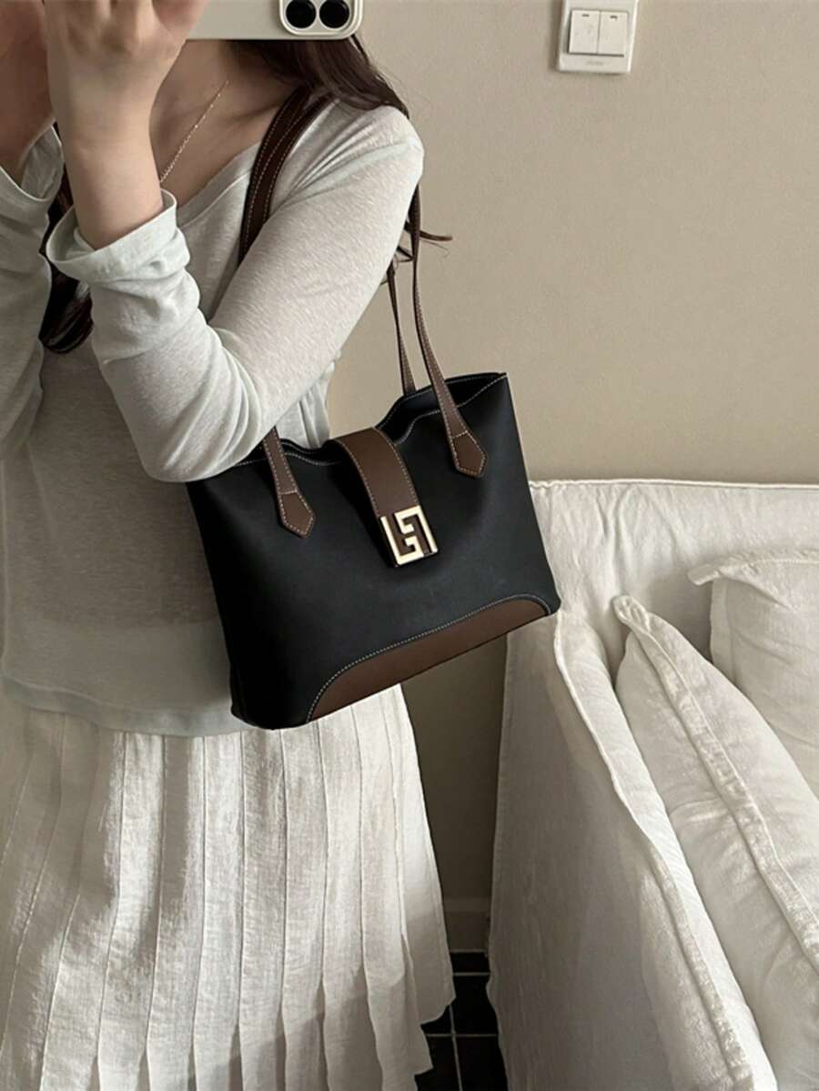 Fashionable Colorblock PU Fabric Minimalist Versatile Women's Tote Bag Large Capacity Exquisite Hardware Accessories For Party, Banquet And Commute