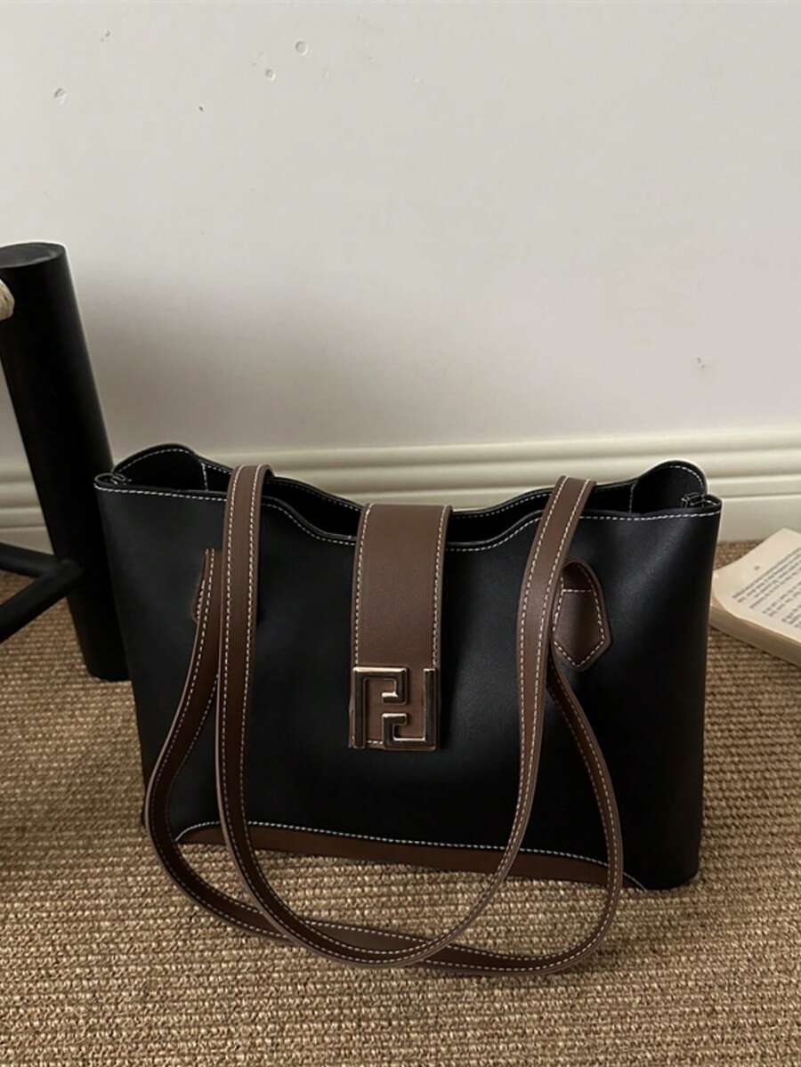 Fashionable Colorblock PU Fabric Minimalist Versatile Women's Tote Bag Large Capacity Exquisite Hardware Accessories For Party, Banquet And Commute
