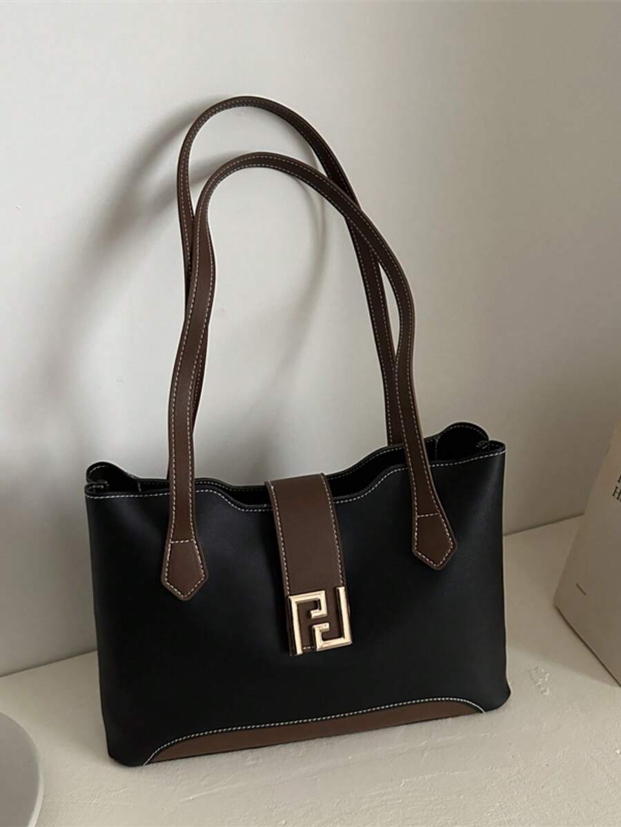 Fashionable Colorblock PU Fabric Minimalist Versatile Women's Tote Bag Large Capacity Exquisite Hardware Accessories For Party, Banquet And Commute