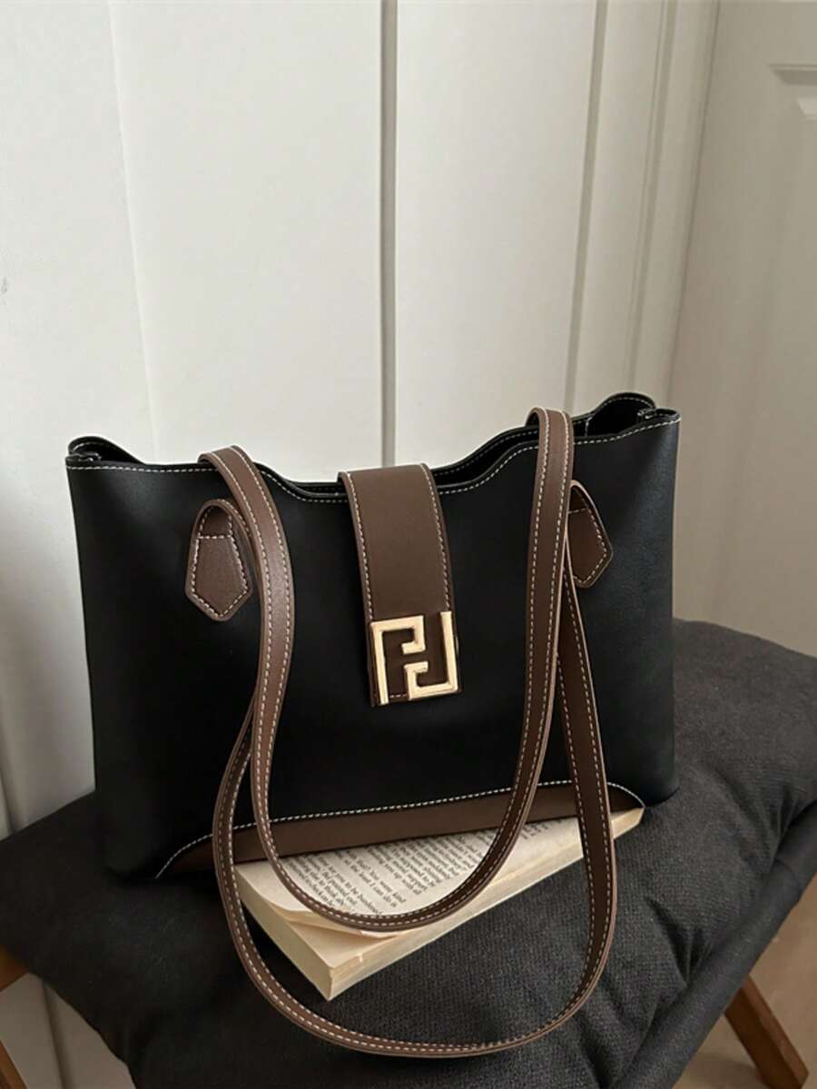 Fashionable Colorblock PU Fabric Minimalist Versatile Women's Tote Bag Large Capacity Exquisite Hardware Accessories For Party, Banquet And Commute