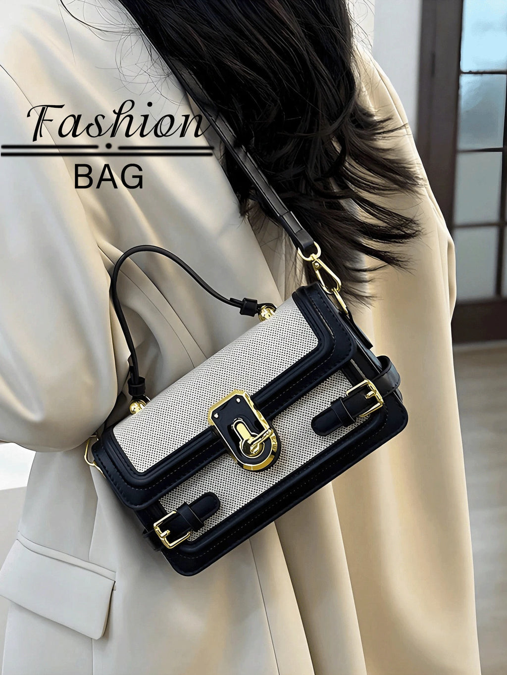 1 PC Black-And-White Color-Blocked Shoulder Bag,And Tote Bag,Purse,Bags,Black Purse,Purses And Bags Women,Crossbody Bags For Women,Work Bag,Makeup Bag