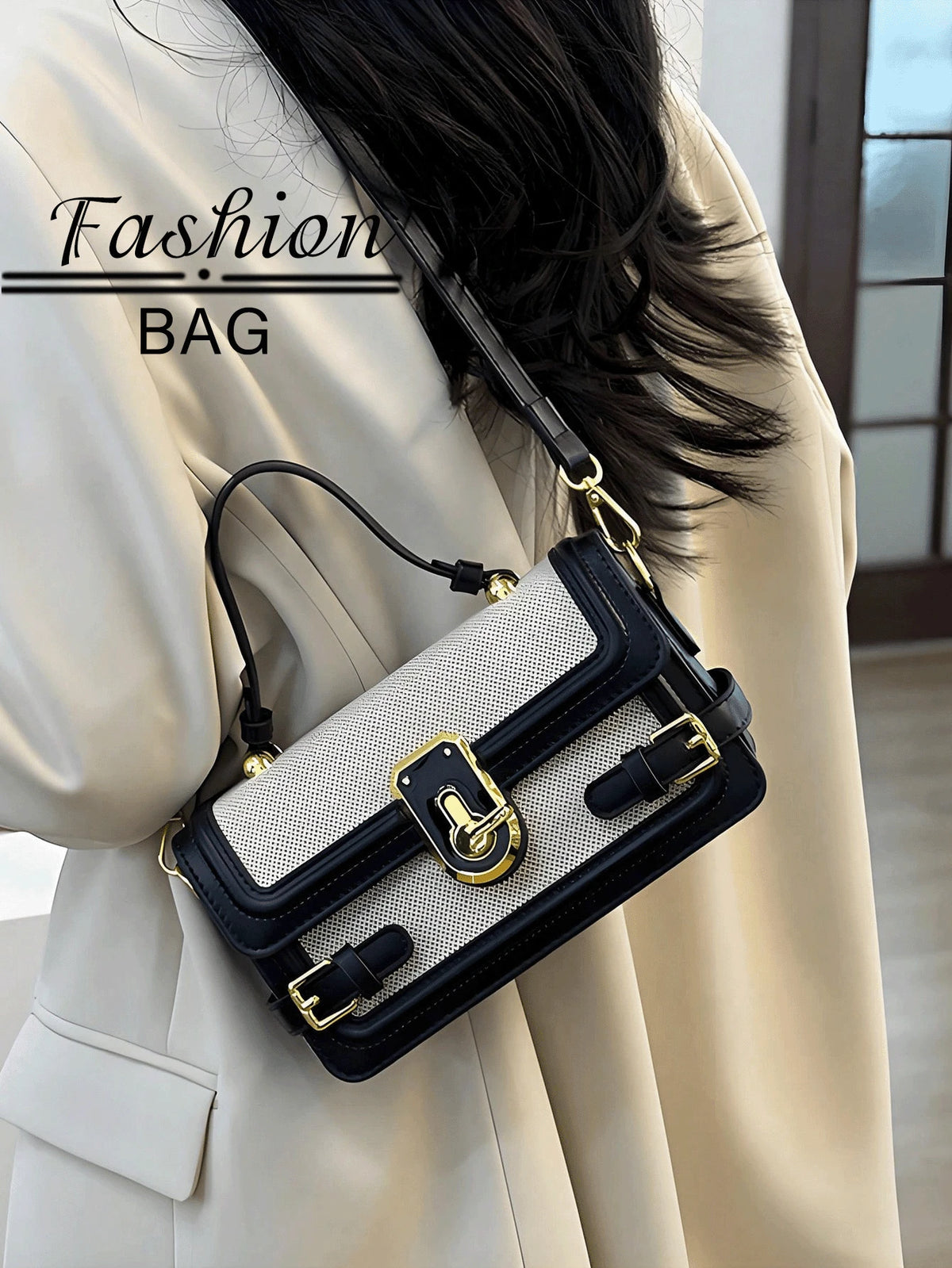 1 PC Black-And-White Color-Blocked Shoulder Bag,And Tote Bag,Purse,Bags,Black Purse,Purses And Bags Women,Crossbody Bags For Women,Work Bag,Makeup Bag