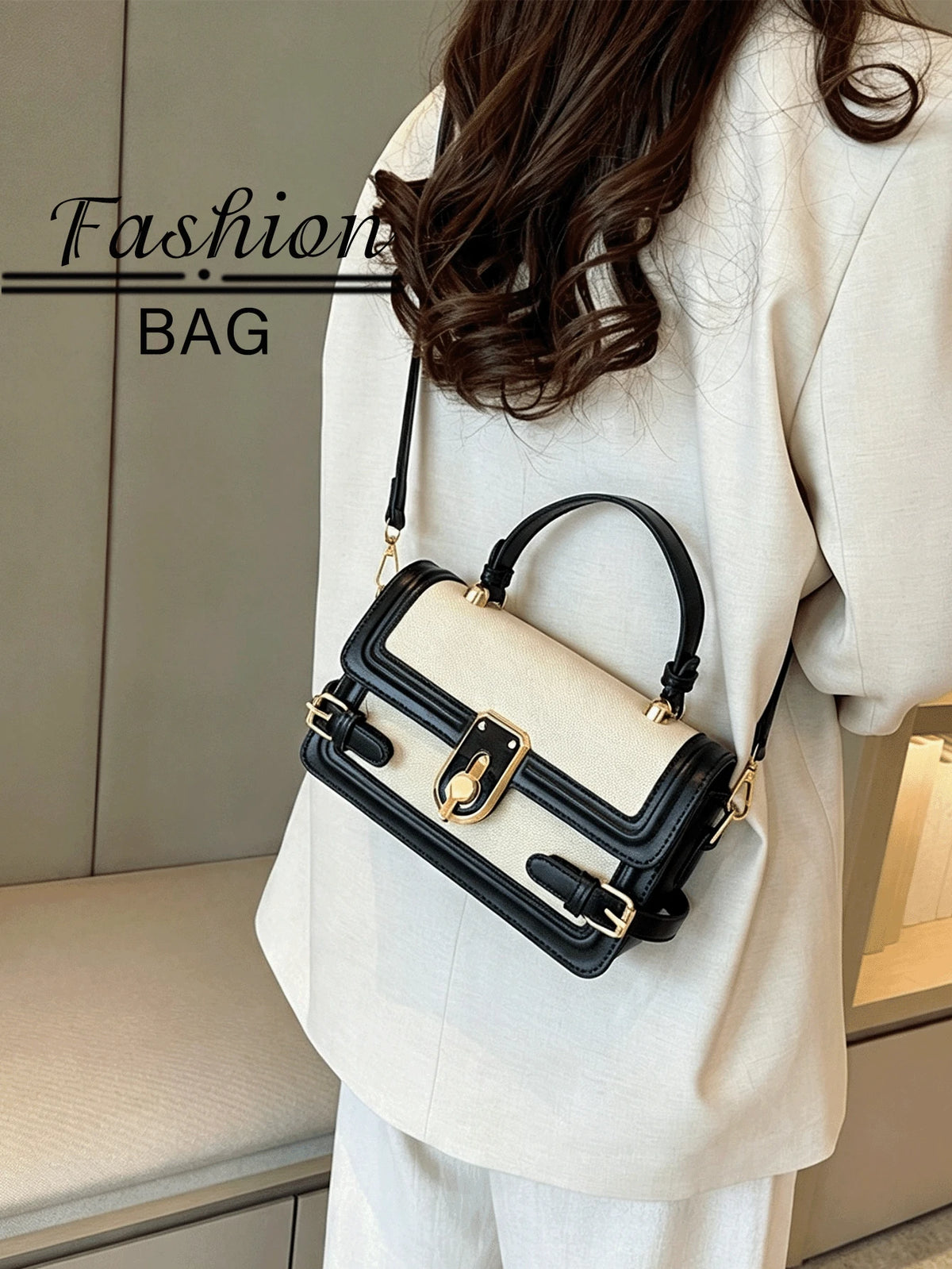 1 PC Black-And-White Color-Blocked Shoulder Bag,And Tote Bag,Purse,Bags,Black Purse,Purses And Bags Women,Crossbody Bags For Women,Work Bag,Makeup Bag